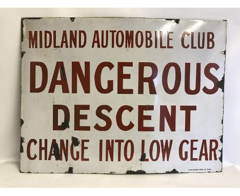 A Midland Automobile Club 'Dangerous Descent Change into Low Gear' rectangular enamel sign by Ellis-Meguyer Signs Limited, Bi