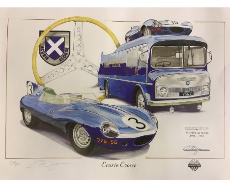 A Christopher Dugan limited edition print title Ecurie Ecosse featuring the Jaguar D-type and the Transporter, signed in penc