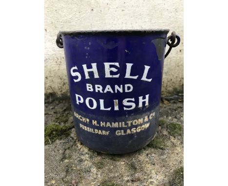 A rare Shell brand polish enamel pot with swinging handle marked Arch.D H. Hamilton and Co. Possilpar Glasgow.