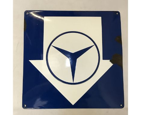 A Mercedes-Benz arrow directional enamel sign, 11 3/4 x 11 3/4".