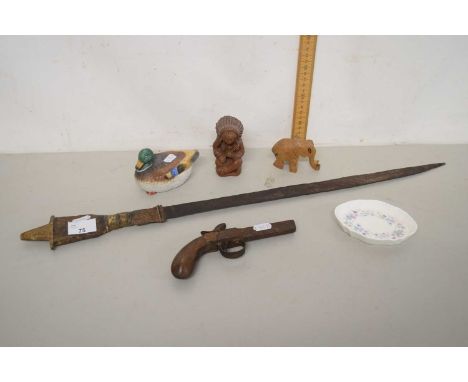 A vintage sword together with a 19th Century pistol (a/f) and other items
