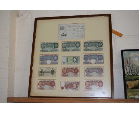 A framed collection of English bank notes comprising ten shillings, a pound and a vintage five pound note