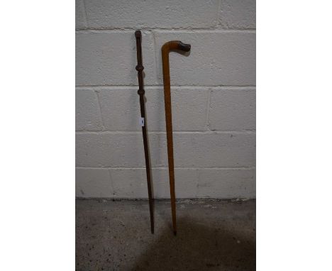 A carved hardwood walking stick with animal style head together with another cane (2)
