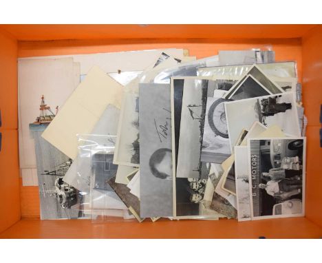 A box containing a quantity of vintage photographs, circa mid 20th Century, one signed by Golfer John Watson etc