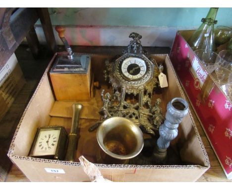 A box of miscellaneous decorative items, to include: a gilt metal cased mantle clock, a French-style pewter candlestick, smal