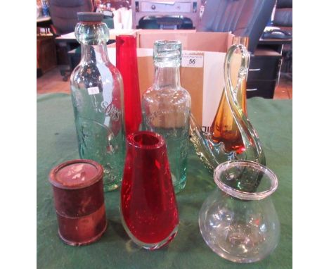 A small collection of vintage bottles, Italian art glass vases and other items.
