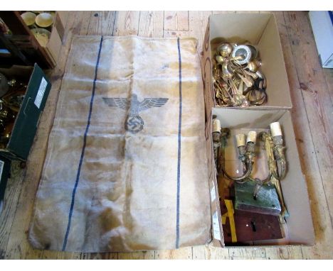 A collection of miscellaneous items, to include: a Nazi grain/flour sack emblazoned with a winged Swastika motif, miscellaneo