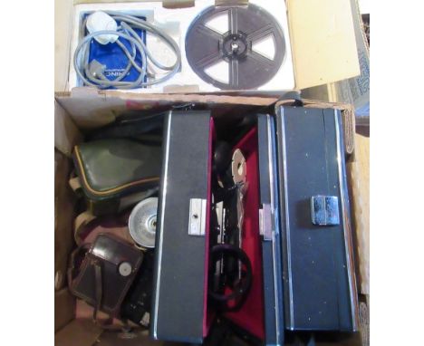 A box containing miscellaneous vintage, cine and photographic equipment.