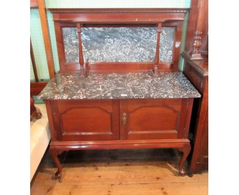 An Edwardian mahogany washstand of small proportions, the grey marble upstand with shelf and twin column supports over rectan