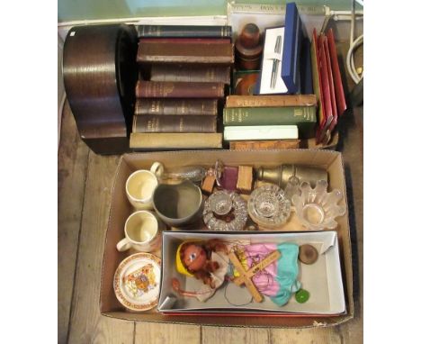 A mixed lot to include: a quantity of books, four boxed Waterman ball point pens, two Bunnykins cups, glassware, oak mantle c
