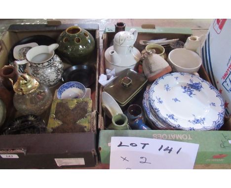 Two boxes of miscellaneous items, to include: Victorian Staffordshire lustre jug, blue and white plates, mantle clock, George