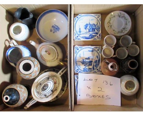 Two boxes of ceramics, to include: two blue and white 19th century Delft tiles, early 19th century teapot and stand, blue and