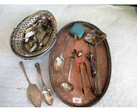 A mixed lot of EPNS, including: an oval galleried tray, two bread baskets, punch ladle, flatware and cutlery.  Various dates 