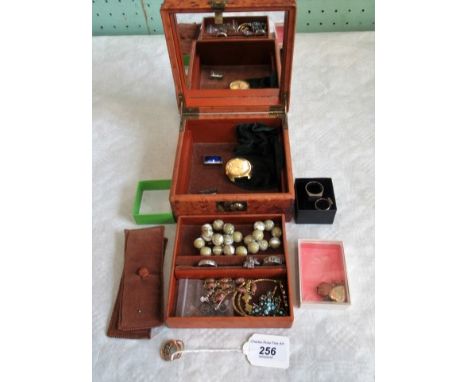 A decorative jewellery box and contents, to include: an Omega electronic vintage gent's wristwatch, polished mineral beads, s