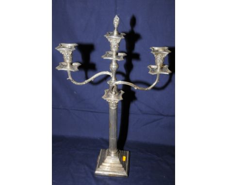London 1897 silver hallmarked candelabra with central Corinthian column candlestick on stepped square base with detachable tw