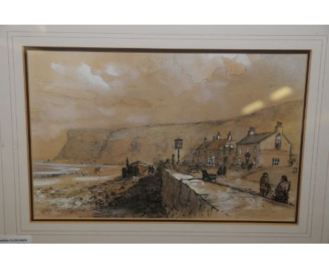 Framed and mounted watercolour by Richard W. Marshall depicting The Ship Public House at Saltburn (29cm x 19cm excluding fram