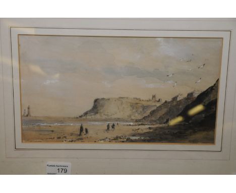 Framed and mounted watercolour by Richard W. Marshall depicting Whitby from Sandsend (29cm x 16cm excluding frame)
