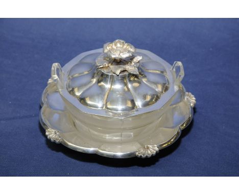 London 1834 silver hallmarked butter dish with etched glass reservoir in the form of a butter churn with silver hallmarked tr
