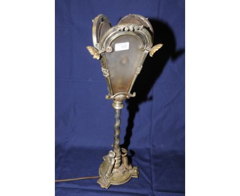 Quality early 20th C silver plated centre lamp with uplifting three glass panelled shade with barley twist column on three do