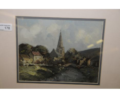 Framed and mounted oil on board by Richard W. Marshall depicting  Swainby Village near Carlton-in-Cleveland (25cm x 19cm excl