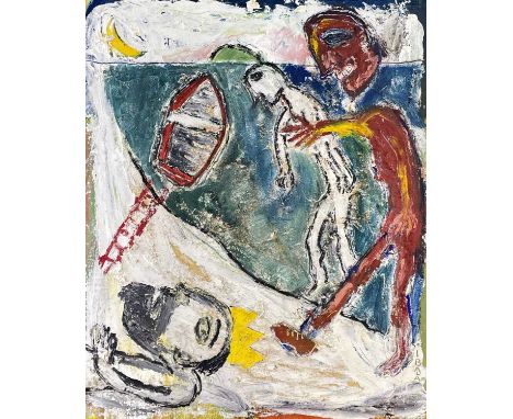 ‡ IWAN BALA oil on canvas - semi-abstract figures with boat and ladder, entitled verso 'Rheibwyr traeth y gorllewin (Raiders 