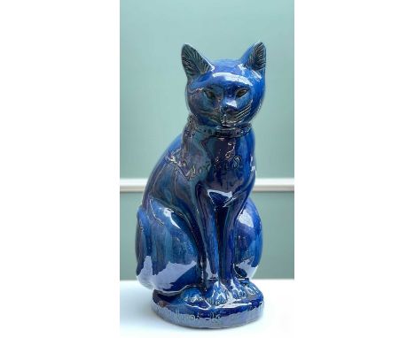 LARGE RARE EWENNY POTTERY SEATED CAT royal blue glaze, modelled with collar, sgraffito whiskers, ears and eyes, inscribed 'Mo