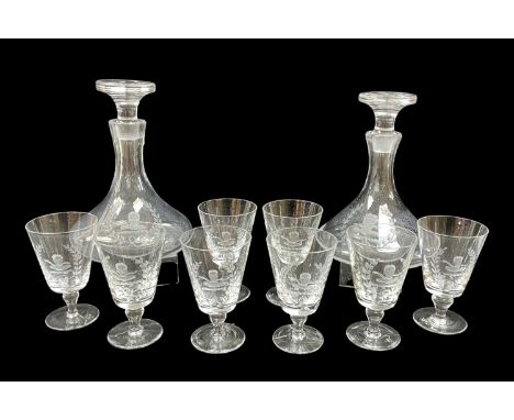 SET OF EIGHT 19TH CENTURY ETCHED GLASS GOBLETS & MATCHING PAIR OF SHIP'S DECANTERS etched with the heraldic crest for the Vau