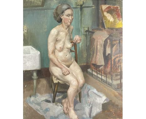 ‡ ERIC MALTHOUSE oil on canvas - life study of a nude seated on a chair beside a basin and a grated fire, unsignedDimensions: