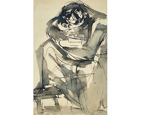 ‡ JOSEF HERMAN OBE RA pen and ink sketch - figure with head in arms and one foot on a stool, unsignedDimensions: 31 x 20cmsPr