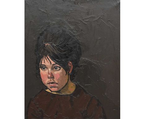 ‡ SIR KYFFIN WILLIAMS RA oil on canvas - head and shoulders portrait of a young female, entitled verso 'Gwen', signed with in