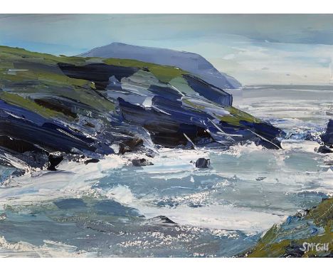 ‡ SIAN McGILL oil on card - seascape with waves breaking on rocks, entitled verso on Albany Gallery label 'Porth Iago', signe