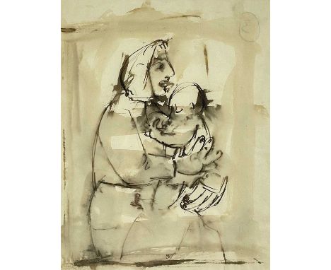 ‡ JOSEF HERMAN OBE RA pen and ink sketch - seated female with head scarf holding a young child, unsignedDimensions: 22.5 x 17