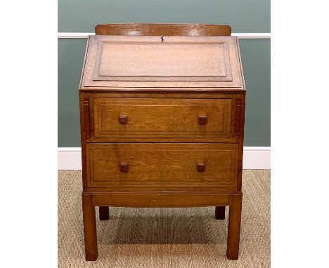 PAUL MATT FOR BRYNMAWR: OAK BUREAU, 1930s, stage back above step moulded angled fall and sides, automatic lopers, fitted inte