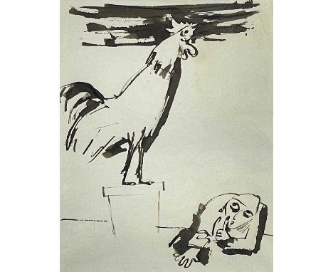 ‡ JOSEF HERMAN OBE RA pen and ink sketch - crowing cockrel with crouched figure holding figure to mouth signalling to keep qu