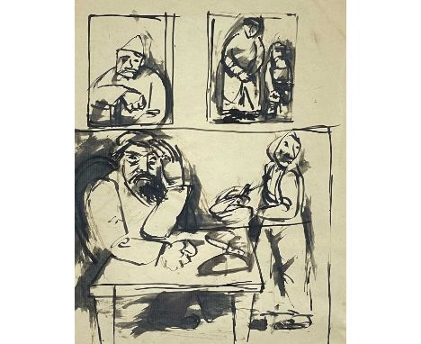 ‡ JOSEF HERMAN OBE RA pen and ink sketch - figure seated at table at mealtime, with inset figures above, unsignedDimensions: 