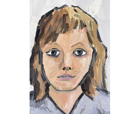 ‡ DAVID BARNES oil on board - head and shoulders portrait of a young female, titled and signed verso 'Haunted'Dimensions: 22 