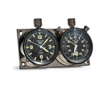 HEUER - PAIR OF STOPWATCHES,Heuer- Paire de chronomètres,Paire de chronomètres montés sur platine d'origine Heuer destinée à 