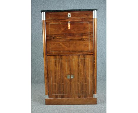 Drinks cabinet, mid century with marble top and metal mounts with string inlay. H.132 W.76 D.48cm. 