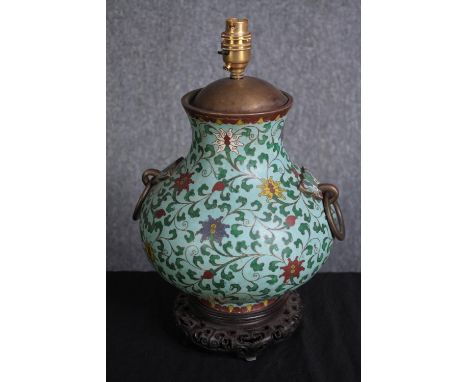 A Chinese cloisonne enamel twin handled vase converted into a lamp. With two brass handles with tao tieh masks on either side