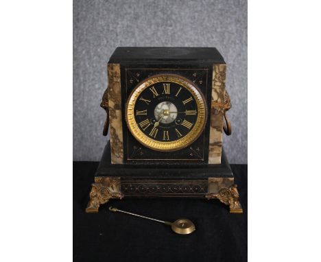 A late 19th century slate and marble mantle clock. Otto Hecht, Frankfurt. H.24 W.24 D.14cm. 
