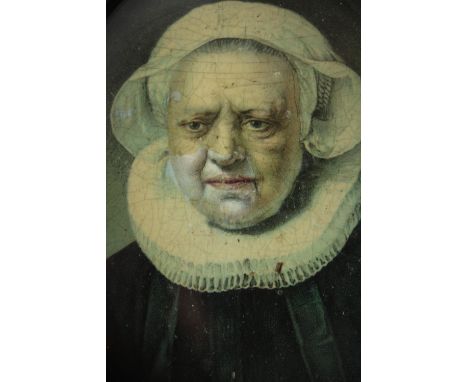 Rembrandt oval miniature portrait. Print with a varnish which is chipping. Nineteenth century. Framed and glazed. H.13 W.10 c