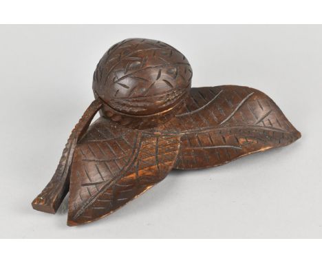 A Late 19th/Early 20th Century Black Forest Type Treen Inkwell in the Form of a Nut and Leaves, 17cms Wide, Complete with Lin