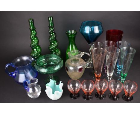 A Collection of Various Mid/Late 20th Century Glass to Comprise Green Glass Bottle Vases of Twist Form, Orrefors Jug, Handker