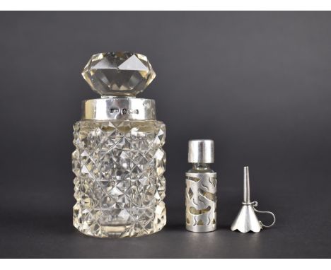 A Small Silver and Glass Scent Bottle Together with Funnel, 4cm and 3cm High Together with a Silver Mounted and Cut Glass Per