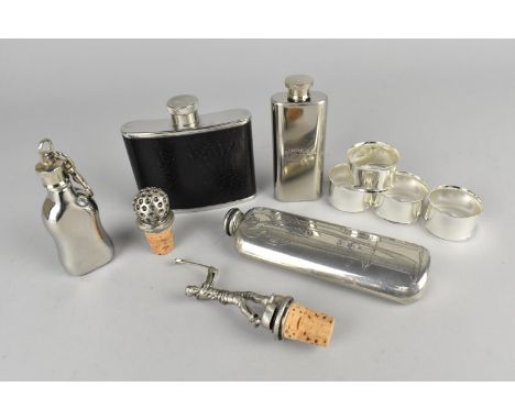 A Collection of Various Drinking Ephemera to Comprise Leather Mounted Hip Flask, Pewter Charles Rennie Mackintosh Hip Flask, 