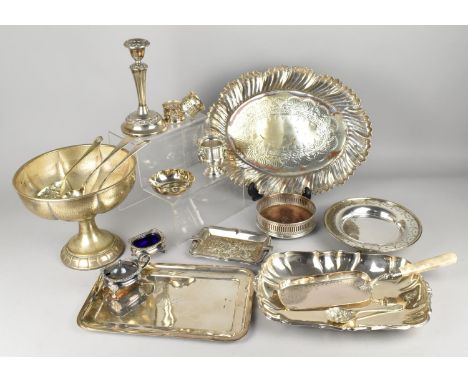 A Collection of Various Metalwares to Comprise Silver Plate to Comprise Trays, Salver, Pedestal Bowl, Berry Spoons, Candlesti