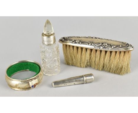 A Collection of Four Silver Mounted Items to include Small Dressing Table Brush, Scent bottle, Silver Souvenir Spill/Drip Rin