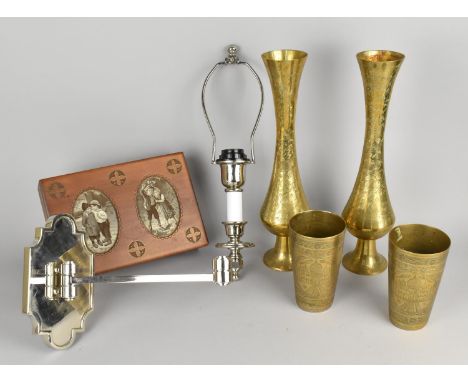 A Collection of Various Items to include Cash's Silk Mounted Jewellery Box, Pair of Indian Brass Engraved Pedestal Vases toge