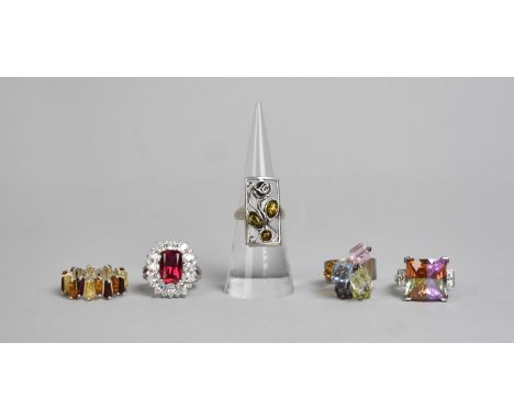 A Collection of Five Various Silver rings to include Two Amber Mounted Examples and Three Jewelled Examples