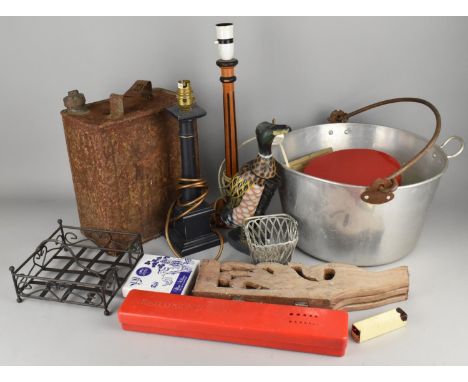 A Collection of Sundries to Comprise Vintage Shell Oil Can, Jam Pan, Table Lamps etc